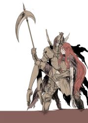 Rule 34 | 2girls, absurdres, armor, breastplate, carrying, carrying person, cleanrot knight, cleanrot knight finlay, dress, elden ring, exhausted, gauntlets, grey dress, helmet, highres, holding, holding scythe, long hair, malenia blade of miquella, multiple girls, open mouth, parted lips, princess carry, red hair, scythe, shindol, simple background, very long hair, wading, white background, winged helmet
