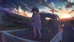 Rule 34 | 1boy, 1girl, ^ ^, black hair, blush, closed eyes, driving, fisheye, flag, flatbed truck, highres, horizon, ia (vocaloid), light rays, m.b, motor vehicle, open mouth, original, outdoors, pickup truck, road, scenery, slippers, spiked hair, standing, sunbeam, sunlight, sunset, tagme, teeth, truck, vocaloid, wind