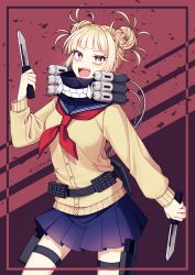 Rule 34 | 1girl, absurdres, beige cardigan, blonde hair, blue skirt, blunt bangs, blush, boku no hero academia, breasts, cardigan, commentary request, cowboy shot, double bun, fangs, hair bun, highres, holding, holding knife, knife, long sleeves, looking at viewer, lukapang, mask, mask around neck, medium breasts, messy hair, mouth mask, open mouth, pleated skirt, school uniform, serafuku, short hair, skirt, smile, solo, standing, teeth, toga himiko, yellow eyes