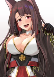 Rule 34 | 1girl, :d, akagi (azur lane), animal ears, azur lane, blush, breasts, brown hair, cleavage, collarbone, commentary request, eyeshadow, fox ears, fox tail, hair tubes, highres, kanzaki kureha, large breasts, long hair, looking at viewer, makeup, multiple tails, open mouth, red eyes, smile, solo, tail, upper body