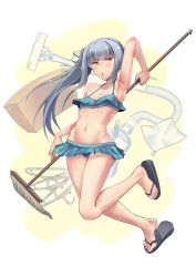Rule 34 | 1girl, arm behind head, armpits, bare shoulders, bikini, blue bikini, blunt bangs, blush, breasts, clothes hanger, full body, green bikini, green eyes, grey hair, groin, highres, kantai collection, kasumi (kancolle), liking, long hair, looking at viewer, mop, navel, open mouth, sandals, shiny skin, side ponytail, small breasts, solo, swimsuit, vacuum cleaner