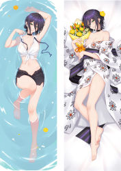 Rule 34 | 1girl, arm up, armpits, bare legs, barefoot, bed sheet, black choker, black hair, black ribbon, black shorts, bouquet, breasts, chainsaw man, choker, cleavage, closed mouth, collarbone, collared shirt, crop top, dakimakura (medium), flower, from above, green eyes, grin, hair between eyes, hair flower, hair ornament, half-closed eyes, holding, holding bouquet, japanese clothes, kimono, looking at viewer, lying, midriff, moeanime, navel, neck ribbon, no bra, on back, open clothes, open shorts, orange flower, reze (chainsaw man), ribbon, shiny skin, shirt, short hair, short shorts, shorts, side slit, sleeveless, sleeveless shirt, small breasts, smile, soles, solo, stomach, tied shirt, white kimono, white shirt, wing collar, yellow flower