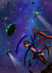 Rule 34 | 1girl, ahoge, arms behind back, asymmetrical wings, black dress, black hair, black thighhighs, commentary request, dress, dutch angle, flying saucer, from behind, from below, highres, holding, holding polearm, holding weapon, houjuu nue, light smile, looking at viewer, looking back, luke (kyeftss), milky way, night, night sky, on roof, outdoors, panties, pantyshot, pointy ears, polearm, red eyes, short dress, short hair, sideways mouth, sky, snake, solo, spacecraft, spotlight, standing, star (sky), starry sky, thighhighs, touhou, trident, ufo, underwear, weapon, white panties, wings, wrist cuffs