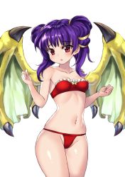 Rule 34 | 1girl, breasts, dragon wings, fire emblem, fire emblem: the sacred stones, kaorihero, multi-tied hair, myrrh (fire emblem), navel, nintendo, open mouth, purple hair, red eyes, simple background, small breasts, solo, twintails, white background, wings