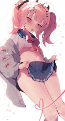 Rule 34 | 1girl, absurdres, black ribbon, blue sailor collar, blue skirt, blush, character request, clothes lift, copyright request, fang, hair ornament, hair ribbon, hairpin, highres, jacket, knees, looking at viewer, multiple hairpins, navel, open mouth, orange eyes, pink hair, red ribbon, ribbon, sailor, sailor collar, sen light, skin fang, skirt, skirt lift, solo, stomach, teeth, thighs, upper teeth only