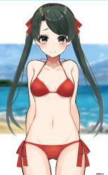 Rule 34 | 1girl, arms behind back, beach, bikini, blue sky, breasts, cowboy shot, day, green hair, grey eyes, hair ribbon, halterneck, highres, kantai collection, kozu (bloomme1 me), long hair, looking at viewer, mikuma (kancolle), navel, ocean, outdoors, red bikini, red ribbon, ribbon, sand, side-tie bikini bottom, sky, small breasts, solo, standing, stomach, swept bangs, swimsuit, thigh gap, twintails, water