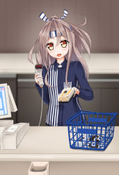 Rule 34 | 1girl, :d, barcode scanner, blurry, bottle, cash register, cashier, commentary request, depth of field, employee uniform, food, hachimaki, headband, highres, holding, kantai collection, koda (kodadada), lawson, long hair, looking at viewer, omelet, open mouth, ponytail, shirt, silver hair, smile, solo, striped clothes, striped shirt, tamagoyaki, uniform, vertical-striped clothes, vertical-striped shirt, zuihou (kancolle)
