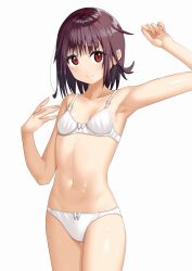 Rule 34 | 1girl, amano miyako, arm up, armpits, blush, bow, bow bra, bow panties, bra, breasts, brown hair, cleavage, closed mouth, collarbone, commentary request, cowboy shot, kantai collection, looking at viewer, mutsuki (kancolle), navel, panties, red eyes, short hair, simple background, small breasts, smile, solo, underwear, underwear only, white background, white bra, white panties