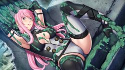 Rule 34 | 1girl, armpits, arms up, blue eyes, blush, bodysuit, boots, breast cutout, breasts, cameltoe, cleavage, cleavage cutout, closed game, clothing cutout, dutch angle, empress (studio), game cg, hetero, high heel boots, high heels, highres, lacey mallett, large breasts, leotard, lipstick, long hair, looking at viewer, makeup, no bra, open mouth, outdoors, pink hair, pink lips, ruins, sei shoujo, skin tight, slime, solo, thigh boots, thighhighs