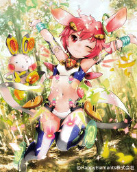Rule 34 | 1girl, ;3, animal ears, bamboo, bamboo forest, rabbit, rabbit ears, carrot, carrot hair ornament, food-themed hair ornament, forest, hair ornament, hands up, leaf, looking at viewer, majoca majoluna, nature, navel, official art, one eye closed, revision, short hair, shutsuri, smile, sparkle