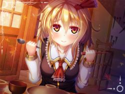 Rule 34 | 1girl, ascot, bad id, bad pixiv id, blonde hair, bow, bowl, chopsticks, collarbone, dragoner, hair bow, long sleeves, looking at viewer, pov across table, red eyes, rumia, smile, solo, spoon, table, touhou, vest