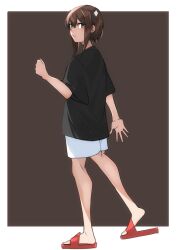 Rule 34 | 1girl, alternate costume, black shirt, brown eyes, brown hair, closed mouth, full body, hair between eyes, hato kan, highres, kantai collection, looking at viewer, red footwear, sandals, shirt, shoes, short hair, short sleeves, shorts, simple background, solo, standing, taihou (kancolle), two-tone background, white shorts
