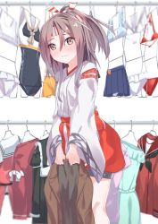 Rule 34 | 1girl, bikini, blush, brown eyes, brown hair, clothes hanger, commentary request, cosplay, hachimaki, headband, highres, i-14 (kancolle), i-14 (kancolle) (cosplay), japanese clothes, kantai collection, kariginu, long hair, long sleeves, looking at viewer, mogami (kancolle), mogami (kancolle) (cosplay), natsuki (gedo), one-piece swimsuit, pleated skirt, ponytail, red bikini, ryuujou (kancolle), ryuujou (kancolle) (cosplay), sailor collar, sazanami (kancolle) (cosplay), sazanami (kancolle), skirt, solo, standing, swimsuit, white bikini, wide sleeves, zuihou (kancolle)