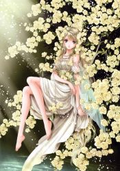 Rule 34 | 1girl, absurdres, aqua eyes, bare shoulders, barefoot, brown hair, dark background, dress, fairy wings, flower, full body, highres, huge filesize, jewelry, legs, light rays, lips, long hair, looking at viewer, lots of jewelry, necklace, original, rose, shiitake (gensoudou), smile, solo, sunlight, toes, very long hair, water, wings, yellow rose
