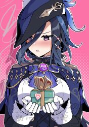 Rule 34 | 1girl, absurdres, ascot, blue ascot, blue capelet, blue hair, blush, box, capelet, clorinde (genshin impact), commentary request, genshin impact, gift, gift box, gloves, hat, highres, holding, long sleeves, nose blush, parted lips, pink background, purple eyes, sakana (fishchunk), shirt, short hair, solo, tricorne, upper body, white gloves, white shirt