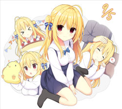 Rule 34 | &gt; &lt;, 1girl, :o, ^ ^, ahoge, between legs, bird, birthday cake, black socks, blonde hair, blue bow, blue skirt, blush, bow, breasts, cake, chicken, closed eyes, closed mouth, commentary request, dated, double-parted bangs, double bun, excited, eyelashes, eyes visible through hair, feet, flying sweatdrops, food, fruit, full body, hair between eyes, hair bow, hair bun, hair intakes, hamidashi creative, hand between legs, head tilt, headpat, heart, highres, holding, holding stuffed toy, izumi hiyori, light blush, long hair, long sleeves, looking at viewer, lying, medium breasts, miniskirt, multiple views, no shoes, on side, open mouth, pleated skirt, red eyes, shirt, sidelocks, sitting, skirt, smile, socks, solo, sound effects, sparkle, spoken heart, straight hair, strawberry, stuffed animal, stuffed toy, suspender skirt, suspenders, two side up, utsunomiya tsumire, wariza, white shirt