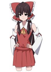 Rule 34 | 1girl, absurdres, ascot, black eyes, black hair, bow, closed mouth, commentary request, cropped torso, crossed legs, detached sleeves, hair bow, hair tubes, hakurei reimu, hands on own hips, highres, long hair, looking at viewer, ramiki, red bow, red shirt, red skirt, shirt, sidelocks, simple background, skirt, smile, solo, touhou, white background, wide sleeves, yellow ascot