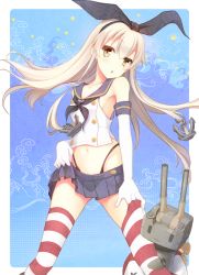 Rule 34 | 10s, 1girl, anchor hair ornament, bare shoulders, black panties, blonde hair, blush, crop top, elbow gloves, gloves, gunp, hair ornament, highleg, highleg panties, kantai collection, long hair, looking at viewer, miniskirt, navel, open mouth, panties, rensouhou-chan, shimakaze (kancolle), skirt, solo, striped clothes, striped thighhighs, thighhighs, underwear, white gloves, yellow eyes