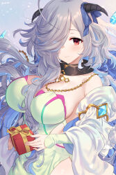 Rule 34 | 1girl, ahoge, awayuki ramika, bare shoulders, blue hair, blush, box, breasts, cleavage, closed mouth, collar, diamond cutout, dress, eitr (fire emblem), facial mark, fire emblem, fire emblem heroes, gift, gift box, goat horns, gradient background, grey hair, hair over one eye, highres, horns, large breasts, long hair, looking at viewer, multicolored hair, nintendo, pelvic curtain, red eyes, simple background, solo, very long hair, wavy hair