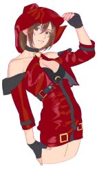 Rule 34 | 1girl, adjusting clothes, adjusting headwear, bare shoulders, black gloves, breasts, brown eyes, brown hair, cleavage, cosplay, dress, ed0401, fingerless gloves, gloves, guilty gear, guilty gear xrd, hat, highres, i-no, i-no (cosplay), jacket, leather, leather jacket, long sleeves, looking at viewer, medium breasts, medium hair, meiko (vocaloid), red dress, red hat, red leather, short hair, solo, vocaloid, witch hat