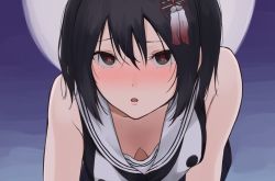 Rule 34 | 1girl, absurdres, bare shoulders, black hair, blue background, blush, breasts, brown eyes, cleavage, close-up, commentary, downblouse, eyelashes, full moon, gradient background, hair between eyes, hair ornament, hair strand, highres, kantai collection, kotatsu (uraom0te), leaning forward, lips, looking at viewer, moon, naughty face, night, nose blush, open mouth, parted lips, raised eyebrows, sailor collar, sendai (kancolle), short hair, solo, symbol-shaped pupils, translated, two side up, upturned eyes, white sailor collar
