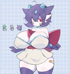 Rule 34 | absurdres, ahoge, albino, aliceyawnin, bandage over one eye, bandaid, bare shoulders, collarbone, colored eyelashes, colored skin, creatures (company), crystal, curvy, froslass, fusion, game freak, gardevoir, gen 1 pokemon, gen 3 pokemon, gen 4 pokemon, gengar, gloves, grid background, haori, highres, horns, ice, japanese clothes, miniskirt, mismatched eyelashes, nintendo, obi, pokemon, pokemon (creature), purple gloves, purple hair, red eyes, ribbon, sash, sidelocks, single horn, skirt, thighhighs, white skin, wide hips, zettai ryouiki