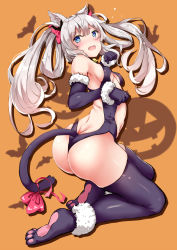 Rule 34 | 1girl, alternate costume, animal ears, ass, azur lane, bell, neck bell, blue eyes, blush, breasts, cat ears, collar, embarrassed, feet, fur trim, halloween, hammann (azur lane), highres, paw pose, paw shoes, revealing clothes, ribbon, shoes, small breasts, solo, tail, tail ornament, tail ribbon, thighhighs, twintails, white hair, yukishiro arte