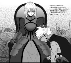 1boy 1girl archer_(fate) armor armored_dress artoria_pendragon_(fate) blood chair commentary_request cuts dark-skinned_male dark_skin dress fate/stay_night fate_(series) gauntlets greyscale heaven&#039;s_feel injury monochrome murasaki_kaname on_one_knee rubble saber_alter shirt sitting sleeveless sleeveless_shirt translation_request