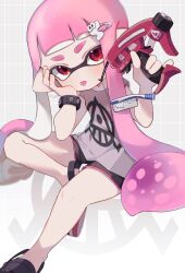 Rule 34 | 1girl, :p, black footwear, black shorts, black wristband, blunt bangs, blush, closed mouth, commentary request, dapple dualies (splatoon), grey background, gun, hair ornament, hairclip, hands up, head rest, highres, holding, holding gun, holding weapon, inkling, inkling girl, inkling player character, invisible chair, long hair, looking at viewer, nintendo, pink hair, print shirt, purple shirt, red eyes, sahata saba, shirt, shoes, short eyebrows, short shorts, shorts, sidelocks, signature, simple background, sitting, solo, splatoon (series), splatoon 3, tentacle hair, thick eyebrows, tongue, tongue out, very long hair, weapon, white background, wristband
