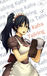 Rule 34 | 1girl, apron, black hair, blossom (ragnarok online), breasts, brown dress, brown eyes, character name, clipboard, collared dress, commentary request, cowboy shot, dress, frilled apron, frills, gloves, high ponytail, holding, holding clipboard, inaba515, kafra uniform, looking at viewer, maid, maid headdress, medium breasts, puffy short sleeves, puffy sleeves, ragnarok online, short sleeves, solo, white apron, white background, white gloves