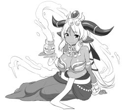 Rule 34 | 1girl, animal ears, breasts, greyscale, hathor (p&amp;d), horns, long hair, monochrome, puzzle &amp; dragons, simple background, smile, solo, white background, zaxwu