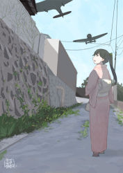 Rule 34 | 1girl, aircraft, aircraft request, airplane, bag, blue sky, commentary request, flying, from behind, grass, hair between eyes, hair tie, house, houshou (kancolle), japanese clothes, kantai collection, kimono, light, long hair, long sleeves, looking back, looking up, mihama machi, moss, okobo, open mouth, outdoors, pink kimono, plant, ponytail, power lines, road, sandals, satchel, shadow, signature, sky, smoking pipe, solo, stone, stone wall, tree, utility pole, vines, wall