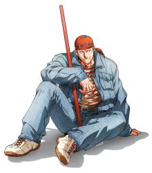 Rule 34 | 1boy, arm support, bandana, belt, billy kane, blue jacket, blue pants, bo staff, brown belt, closed mouth, denim, denim jacket, ear piercing, earrings, elbow on knee, fatal fury, full body, hand on ground, highres, jacket, jewelry, knee up, long sleeves, looking to the side, male focus, on ground, pants, patterned clothing, piercing, red bandana, shadow, shirt, shoes, signature, simple background, smile, sneakers, solo, staff, strbrb789, striped clothes, striped shirt, t-shirt, the king of fighters, undershirt, weapon, white background, white footwear