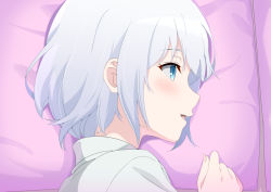 Rule 34 | 1girl, blue eyes, blush, commentary request, derivative work, from side, grey hair, hair between eyes, hand up, looking away, lying, on side, open mouth, pillow, siesta (tantei wa mou shindeiru), solo, tantei wa mou shindeiru, upper body, yutsuki warabi
