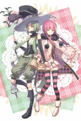 Rule 34 | 2girls, bare shoulders, book, checkered clothes, checkered skirt, green hair, hat, kikugetsu, magic circle, mask, multiple girls, original, pink hair, purple eyes, skirt, striped clothes, striped legwear, striped thighhighs, thighhighs, witch hat