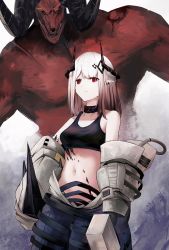 Rule 34 | 1girl, absurdres, amamizu shizuku, arknights, bare shoulders, black choker, black tank top, breasts, choker, closed mouth, colored skin, crop top, demon, demon horns, ear piercing, grey hair, highres, horns, long hair, looking at viewer, material growth, medium breasts, mudrock (arknights), mudrock (elite ii) (arknights), mudrock colossus (arknights), navel, oripathy lesion (arknights), piercing, pointy ears, red eyes, red skin, solo, standing, tank top, white hair