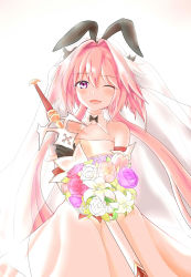 Rule 34 | 1boy, absurdres, artist request, astolfo (fate), astolfo (saber) (fate), bare shoulders, black bow, black gloves, black ribbon, blush, bouquet, bow, bridal veil, bride, crossdressing, detached collar, dress, elbow gloves, fang, fate/grand order, fate (series), flower, gloves, hair bow, hair intakes, hair ribbon, highres, holding, holding bouquet, long hair, looking at viewer, male bride, male focus, multicolored hair, open mouth, pink hair, purple eyes, ribbon, simple background, skin fang, smile, solo, streaked hair, sword, trap, twintails, veil, weapon, wedding dress, white background, white dress, white hair