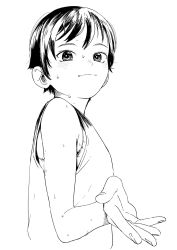 Rule 34 | 1girl, blush, cropped torso, female focus, highres, light smile, monochrome, original, outstretched hand, satsuyo, short hair, sleeveless, solo, sweat, tank top, tomboy, upper body