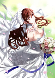 Rule 34 | 00s, 1girl, absurdres, alicia melchiott, bare shoulders, bouquet, breasts, bridal veil, bride, brown eyes, brown hair, cherry blossoms, choker, cleavage, dress, earrings, elbow gloves, flower, from above, gloves, highres, honjou raita, jewelry, large breasts, long hair, necklace, official art, petals, senjou no valkyria (series), senjou no valkyria 1, smile, solo, veil, wedding dress, white dress, white gloves