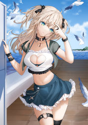 1girl black_choker black_jacket black_thighhighs blonde_hair blue_bra blue_eyes blue_skirt bow bra breasts choker cleavage cleavage_cutout clothing_cutout cowboy_shot crop_top cropped_jacket day frilled_shirt frilled_skirt frills hair_bow halterneck hands_up head_tilt heart_cutout highres jacket jewelry lloule long_hair looking_at_viewer medium_breasts midriff miniskirt navel open_clothes open_jacket original parted_lips ring shirt single_thighhigh skirt solo stomach string_bra thigh_strap thighhighs thighs two_side_up underwear white_shirt wristband