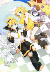 Rule 34 | 1boy, 1girl, absurdres, aqua eyes, arm warmers, artist request, bare shoulders, barefoot, blonde hair, brother and sister, candy, cd, cd case, cd player, detached sleeves, discman, food, hair ornament, hair ribbon, hairclip, headphones, highres, indoors, kagamine len, kagamine rin, leg warmers, looking at viewer, lying, nail polish, necktie, on back, on side, pillow, ribbon, sailor collar, short hair, shorts, siblings, stuffed animal, stuffed toy, teddy bear, twins, vocaloid, yellow necktie, yukkii