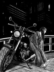 Rule 34 | 1girl, black hair, building, city, city lights, dark, full body, greyscale, highres, looking to the side, monochrome, motor vehicle, motorcycle, original, sitting, sitting on vehicle, skyscraper, solo, tp p pt