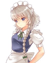 Rule 34 | 1girl, apron, bad id, bad pixiv id, blue eyes, bow, braid, expressionless, hair bow, izayoi sakuya, looking at viewer, maid headdress, puffy short sleeves, puffy sleeves, ribbon, short hair, short sleeves, silver hair, simple background, skirt, skirt set, solo, touhou, twin braids, waist apron, white background, x&amp;x&amp;x