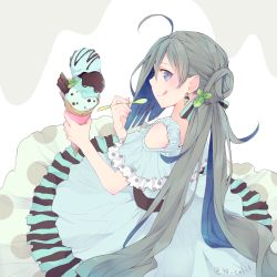 Rule 34 | 10s, 1girl, :q, ahoge, alternate costume, aqua dress, asymmetrical bangs, blue eyes, blue hair, chocolate, colis, dress, earrings, food, grey hair, hair between eyes, hair bun, holding, holding food, holding spoon, ice cream, ice cream cone, jewelry, kantai collection, kiyoshimo (kancolle), long hair, looking at viewer, low twintails, mint, multicolored hair, single hair bun, smile, solo, spoon, tongue, tongue out, twintails, twitter username, very long hair