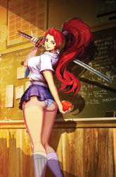 Rule 34 | 1girl, apple, arm behind back, ass, blue neckwear, blue skirt, chalk, chalkboard, clock, collared shirt, commentary, english commentary, eraser, food, fruit, genzoman, high ponytail, holding, holding food, holding sword, holding weapon, katana, long hair, looking back, original, over shoulder, panties, paper, parted lips, plaid, plaid skirt, pleated skirt, red eyes, red hair, school uniform, shirt, short sleeves, skirt, standing, striped clothes, striped panties, sword, sword over shoulder, thighs, underwear, upskirt, weapon, weapon over shoulder, white legwear, white shirt