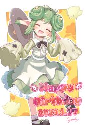 Rule 34 | 1girl, bird, black footwear, black headwear, black ribbon, closed eyes, dated, double bun, dress, facing viewer, flower bed lidelle, full body, green dress, green hair, green ribbon, hair bun, happy birthday, highres, horns, jazz grace, lidelle (puyopuyo), mary janes, open mouth, pointy ears, puyopuyo, puyopuyo fever, puyopuyo quest, ribbon, shoes, signature, sleeves past fingers, sleeves past wrists, socks, solo, white socks, yellow horns