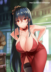 Rule 34 | 1girl, ahoge, azur lane, bare shoulders, black hair, black thighhighs, blush, breasts, choker, cleavage, closed mouth, cocktail dress, collarbone, crossed bangs, dress, garter straps, gumroad username, hair between eyes, hands on own hips, hanging breasts, highres, hm (hmongt), huge breasts, indoors, jitome, large breasts, leaning forward, long hair, looking at viewer, official alternate costume, red choker, red dress, red eyes, smile, solo, standing, taihou (azur lane), taihou (forbidden feast) (azur lane), thighhighs, very long hair, watermark, web address