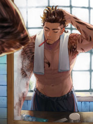 Rule 34 | 1boy, abs, bara, bare pectorals, closed eyes, facial hair, final fantasy, final fantasy xv, gladiolus amicitia, goatee, highres, large pectorals, male focus, manly, messy hair, muscular, navel, pectorals, short hair, solo, stubble, tattoo, toothbrush in mouth, towel, towel around neck, wet, window, yuzukarin