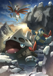 Rule 34 | arm ribbon, blue eyes, claws, cloud, commentary request, creatures (company), day, fangs, game freak, gen 2 pokemon, gen 3 pokemon, gen 5 pokemon, glowing, golett, highres, holding, lairon, nintendo, open mouth, outdoors, pokemon, pokemon (creature), pokemon mystery dungeon, ribbon, skarmory, sky, snow, standing, tongue, yamaori (hakkentai pokedan), yellow eyes