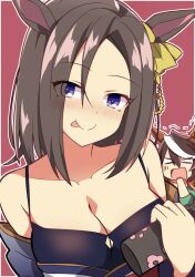 Rule 34 | 2girls, :p, air groove (umamusume), amazake (drink), animal ears, black hair, black kimono, blank eyes, blue eyes, blush, bob cut, bottle, bow, breasts, brown hair, cleavage, closed mouth, commentary, cup, detached sleeves, drunk, ear ribbon, gloom (expression), green kimono, hair ornament, half-closed eyes, highres, holding, holding cup, horse ears, japanese clothes, kimono, large breasts, looking at viewer, multicolored hair, multiple girls, off shoulder, outline, red background, ribbon, sake bottle, saliva, short hair, simple background, smile, solo focus, streaked hair, swept bangs, symboli rudolf (umamusume), tongue, tongue out, umamusume, upper body, v-shaped eyes, wahiko (black bastard), white hair, white outline, yellow ribbon